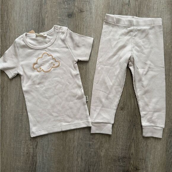 ORGANIC COTTON RIBBED PAJAMAS SET GENDER NEUTRAL NATURAL COLOR - Picture 2 of 5